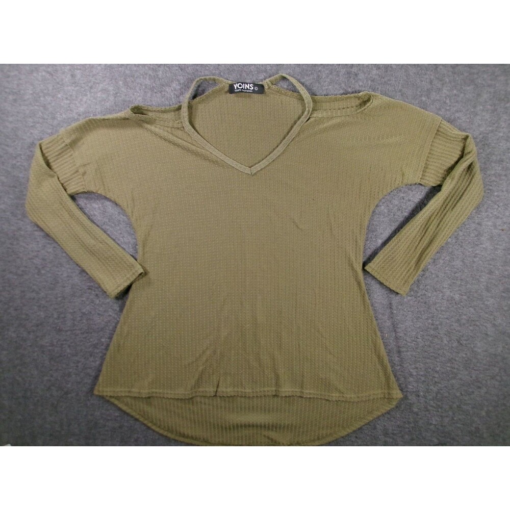 Yoins Top Womens L Olive Green Waffle Knit V Neck Long Sleeve Tunic Thermal
